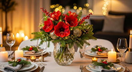 red amaryllis christmas bouquet on elegant holiday dinner table

