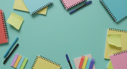 Notebooks, pens, and sticky notes: arranged on the background, the image captures a colorful and organized workspace, perfect for creative or professional use.