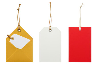 An envelope with a tag, a white tag, and a red tag, isolated on transparent background