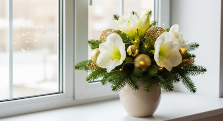 white amaryllis bouquet with gold ornaments on window sill

