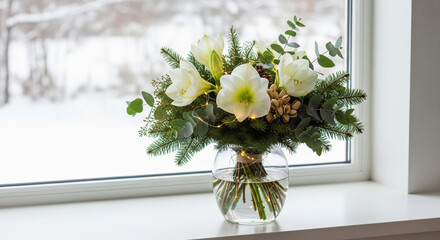 white amaryllis bouquet in glass vase on winter windowsill

