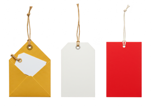 An envelope with a tag, a white tag, and a red tag, isolated on transparent background - Powered by Adobe