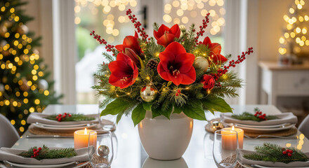 christmas flower arrangement with red amaryllis and evergreen on holiday dinner table

