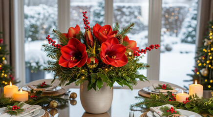 Weihnachtsstrauß mit Amaryllis und Tannengrün auf festlich gedecktem Tisch im Winter

