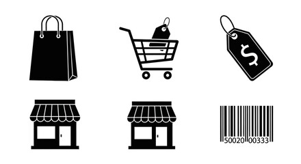 Black and white illustrations of shopping bag, cart, price tag, and storefronts.