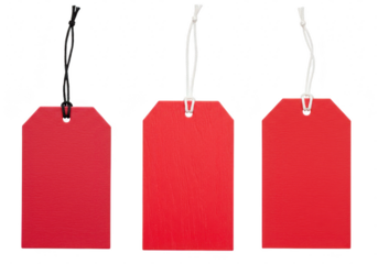 Three blank red tags with strings, isolated on transparent background