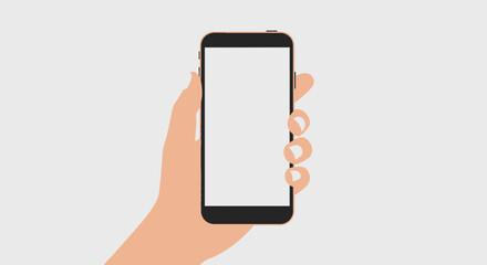 Hand holding a black smartphone with a blank white screen against a light background.