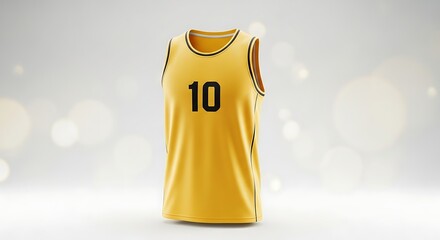 A bright yellow sleeveless basketball jersey featuring the number ten is displayed.