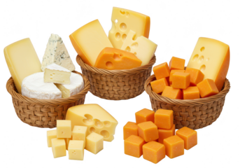Assortment of cheeses in baskets and on plates isolated on transparent background