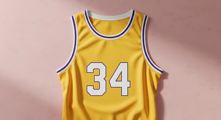 A bright yellow basketball jersey with the number thirty-four against a pink wall.