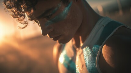 A focused male ballet athlete, adorned in shimmering ice white, captures the golden hour's glow. The mood is intense and contemplative, reminiscent of mythic quests for beauty and strength.