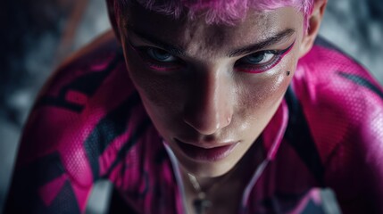 A fierce, determined cycling athlete with vibrant pink hair and striking makeup embodies a cyberpunk aesthetic, exuding intensity and focus in a futuristic setting.