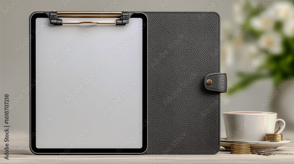 Poster a black notebook with a clip on top sits on a table next to a cup of coffee. the notebook is empty a