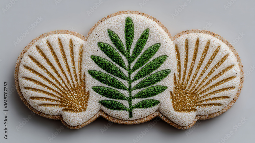 Poster a cookie with a leaf and a shell on it. the cookie is made of sugar and has a green leaf on it