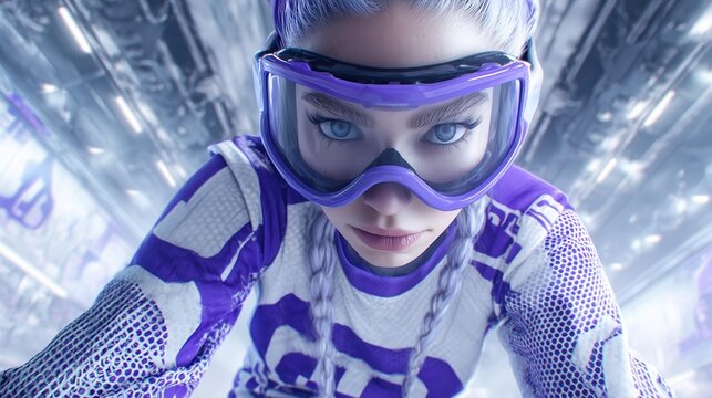 A fierce snowboarding athlete in vibrant electric gear captures the thrill of adventure, exuding confidence and determination in a futuristic setting.
