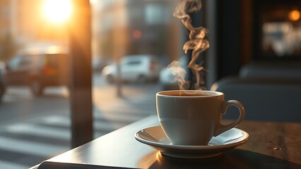 A steaming cup of coffee on a cafe table, warmed by morning sunlight.