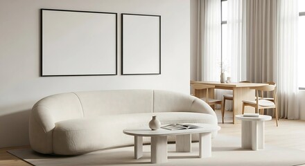 Photo of a bright and airy modern living room with a curved sofa, two blank picture frames, a coffee table, and a dining area by the window