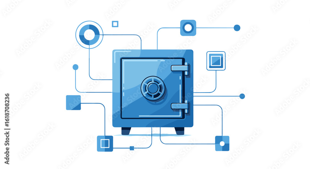 Poster a digital illustration depicts a secure safe connected to a network, symbolizing data protection and