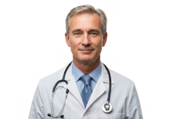 Smiling doctor with stethoscope isolated on transparent background