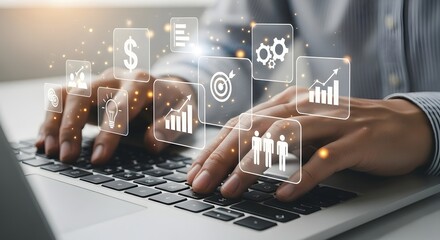 Business strategy and growth concept: typing on laptop with icons