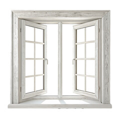 Obraz premium Open white wooden french window with panes isolated on transparent background