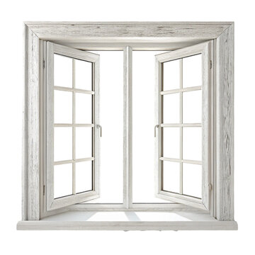 Open white wooden french window with panes isolated on transparent background