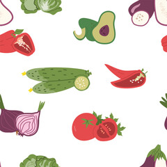 Colorful vegetable pattern with tomatoes, peppers, cucumbers, avocado, and eggplant.