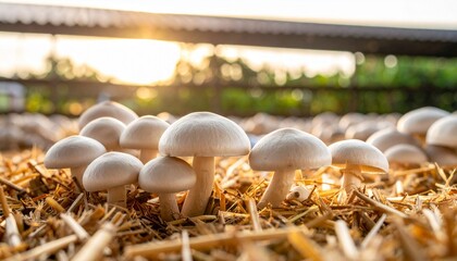 Macro photo of champignon mushrooms in a mushroom farm