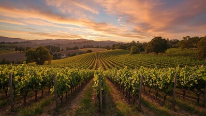 Fototapeta premium Golden Hour Sunset Over Rolling Vineyard Hills and Distant Cityscape