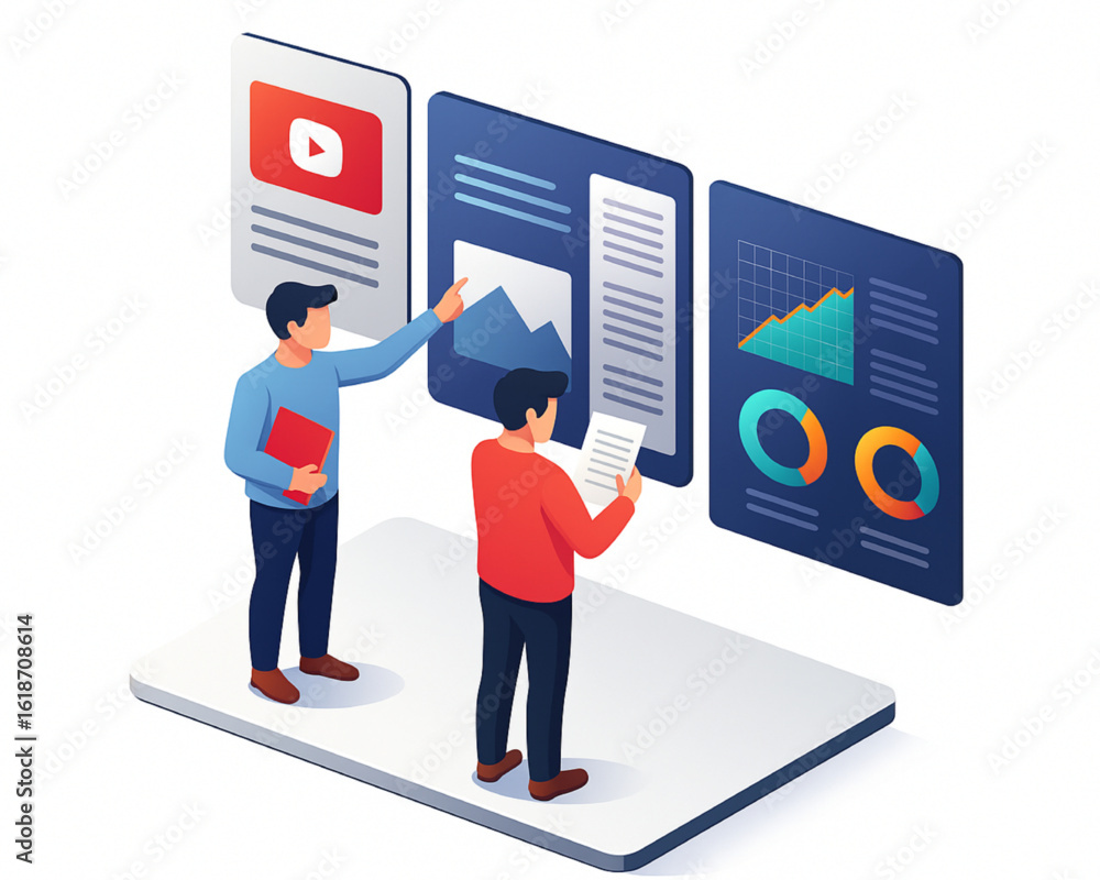 Poster dynamic team analyzes data and digital content, driving business growth and innovation forward.