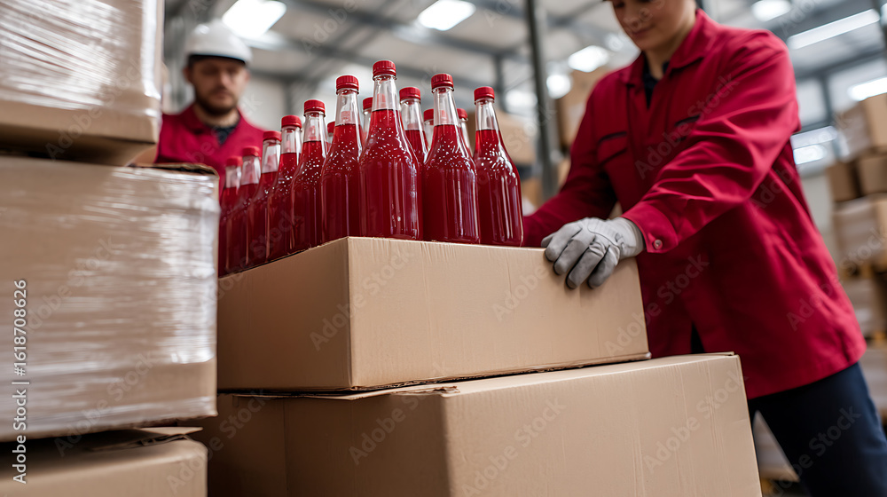 Poster warehouse workers moving boxes filled with bottles of red liquid. focused on efficiency and teamwork