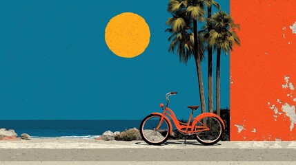 A vibrant retro beach scene featuring an orange cruiser bike against a bold blue backdrop, evoking a sense of nostalgia and carefree summer days. Perfect for relaxation and adventure.