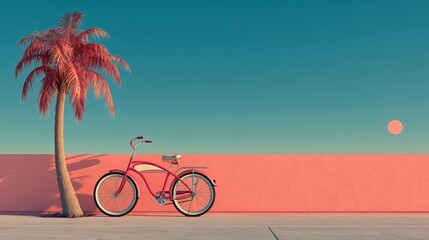 A vibrant minimalist beach scene featuring a pink retro cruiser bike beside a palm tree against a pastel sunset. Evokes nostalgia and tranquility, reminiscent of summer adventures.