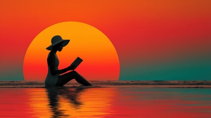 Silhouette of a woman reading at sunset, reflecting tranquility and solitude. Evokes themes of introspection, reminiscent of serene moments in literature.