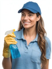 Cheerful Woman in Blue Cap and Gloves Holding Cleaning Spray Bottle