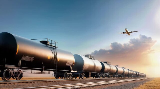Freight train with tanker cars on railway tracks transporting fuel and chemicals, industrial cargo transportation with airplane in sky, logistics and supply chain operations.