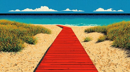 A vibrant retro beach scene featuring a striking red boardwalk leading to tranquil turquoise waters, evoking a sense of nostalgia and serenity. Perfect for summer vibes and relaxation.