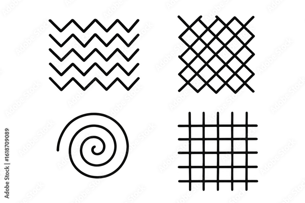Poster spiral, zigzag, grid and diagonal grid forming a set of simple geometric shapes, isolated on transpa