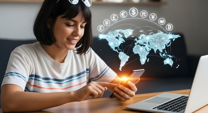 Global money transfer app: woman using mobile banking for international payments