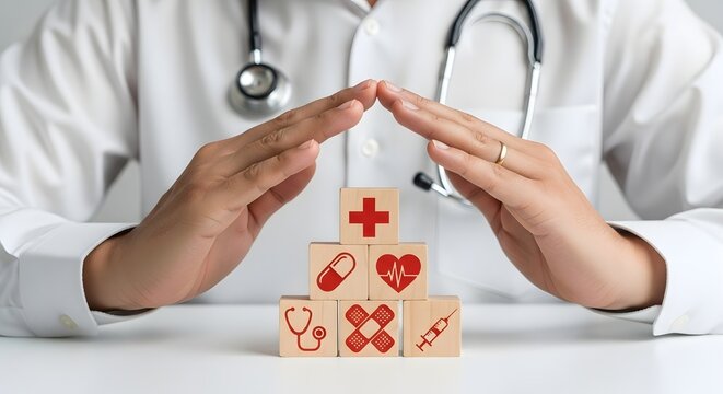 Healthcare insurance protection: doctor covering medical icons