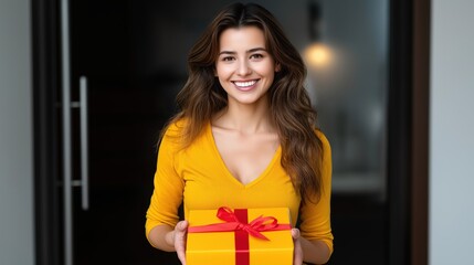 Smiling delivery woman holding a package at customer's doorstep, front view, friendly courier service