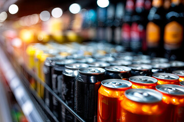 Beer and alcohol. Beer cans and alcohol for sale in supermarket