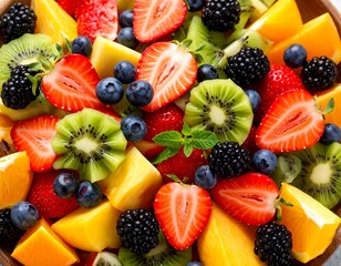 Obraz premium Colorful fruit salad in a wooden bowl