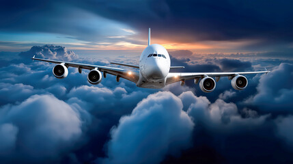 Commercial Airplane Flying High in Blue Sky Over Scenic Landscape, Symbolizing Travel, Adventure, and Global Exploration Concept