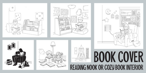Book Cover Template with Reading Nook and Cozy Book Interior Illustrations for Coloring Books and Educational Materials