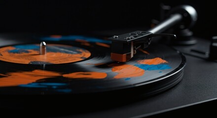 Vinyl Record Player's Sound: A vintage vinyl record player spins, the needle gliding across the colorful grooves, capturing the essence of classic music culture.