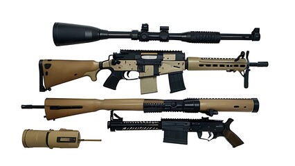 Detailed Illustration of Multiple Rifles with Various Attachments and Accessories