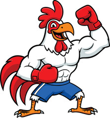 Cartoon Boxing Rooster Mascot in Blue Shorts with Red Gloves, Muscular White Feathers, Confident Pose, CAD Silhouette Vector Illustration