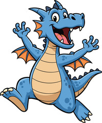 Cartoon Blue Dragon Mascot Running with Orange Wings and Beige Belly, Happy Expression, Silhouette CAD Style Vector for Fantasy Designs