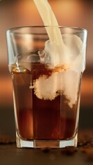 Refreshing coffee with pouring milk into glass, close-up